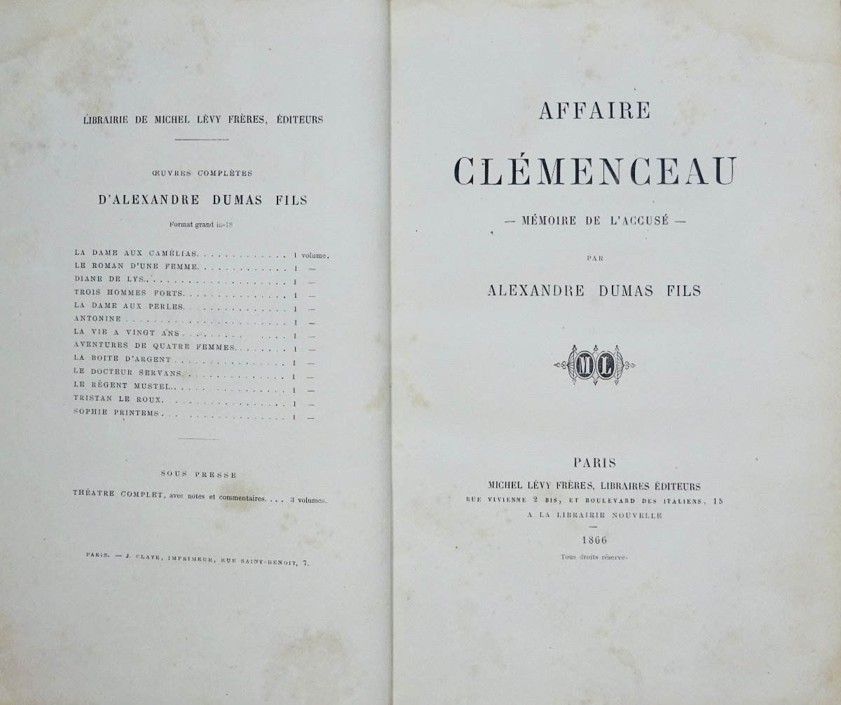 Dumas Fils - Clémenceau Case - Brief Of The Accused. Michel Lévy Brothers, 1866.