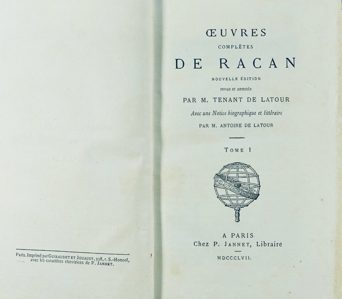 Racan - Complete Works Of Racan. Paris, Jannet, 1857 In Publisher's Cardboard.