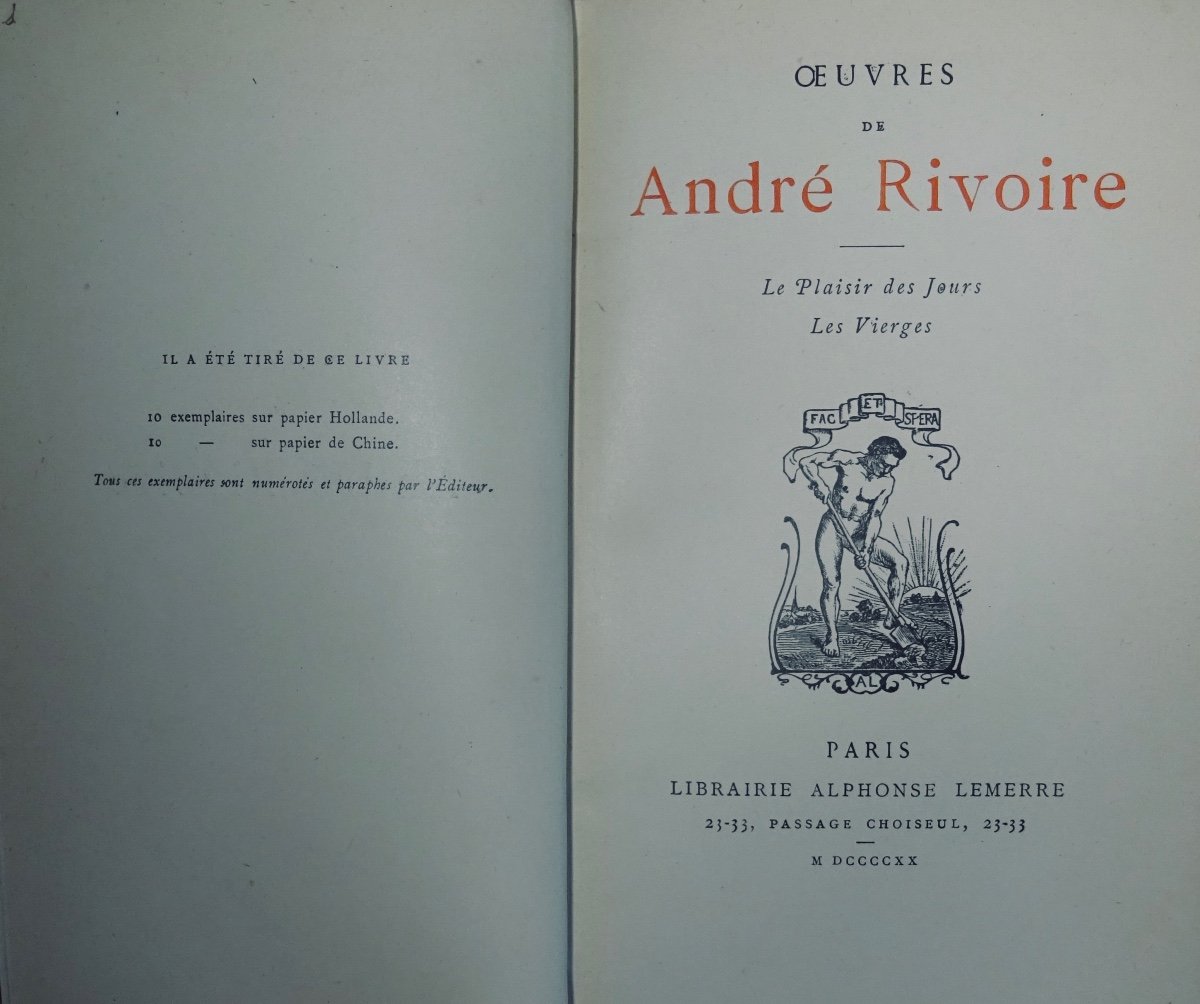 Rivoire (andré) - The Pleasure Of The Days. The Virgins. Paris, Auguste Lemerre, 1920.-photo-1