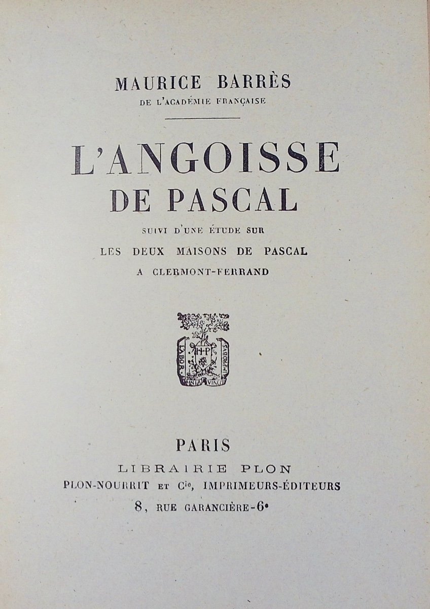 Barrès (maurice) - Pascal's Anguish. Plon, 1923, First Edition On Standard Paper.-photo-2