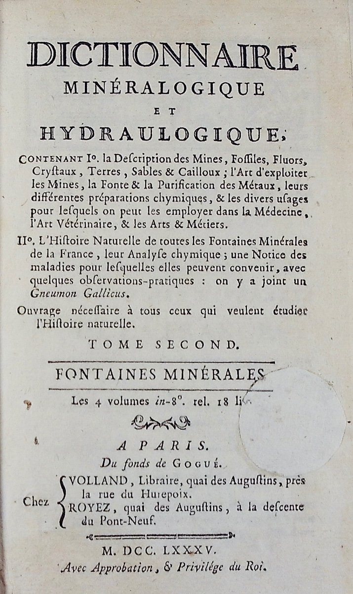 BUC'HOZ (Pierre-Joseph) - Dictionnaire minéralogique et hydrologique. Volland et Royez, 1785.-photo-1
