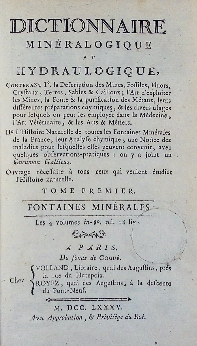 BUC'HOZ (Pierre-Joseph) - Dictionnaire minéralogique et hydrologique. Volland et Royez, 1785.