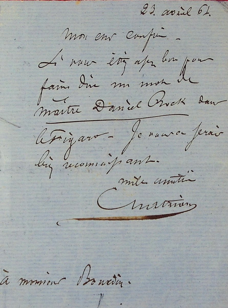 Chatrian - Handwritten Note From April 23, 1864, To A Critic Of Le Figaro, M. Bourdin. 1865.