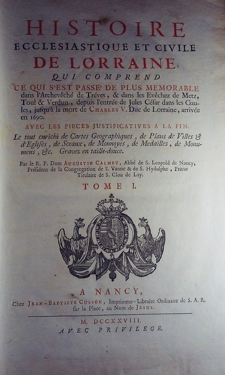 DOM CALMET (Augustin) - Histoire ecclésiastique et civile de Lorraine. 1728, 3 volumes d'époque-photo-4