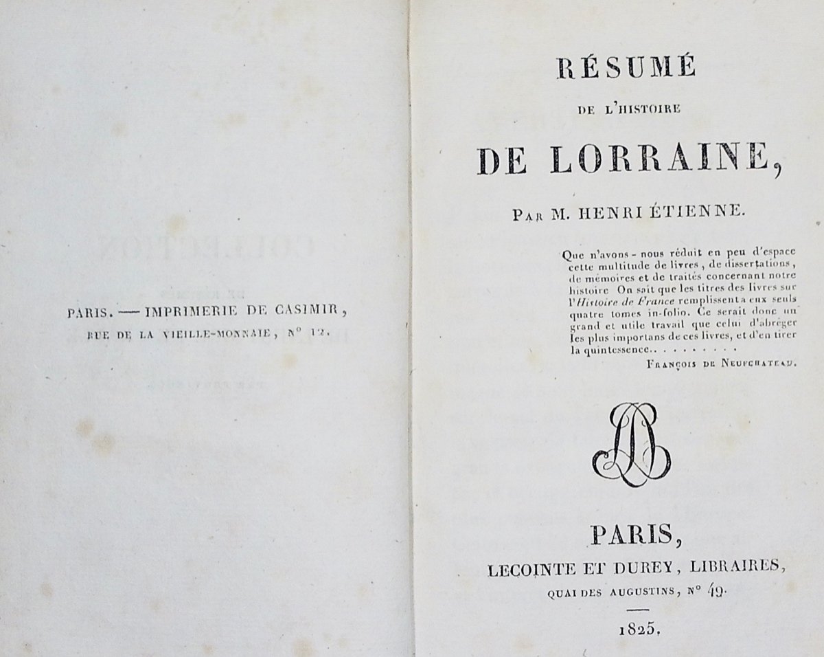 Etienne (henri) - Summary Of Lorraine's Story. Lecointe And Durey, 1825, Calfskin Binding.-photo-4