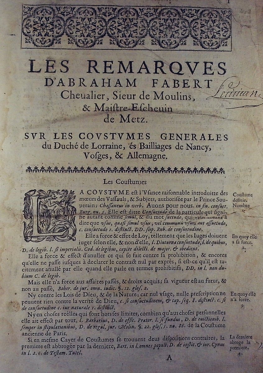 Abraham Fabert's Remarks On The General Customs Of The Duchy Of Lorraine. Metz, 1657.