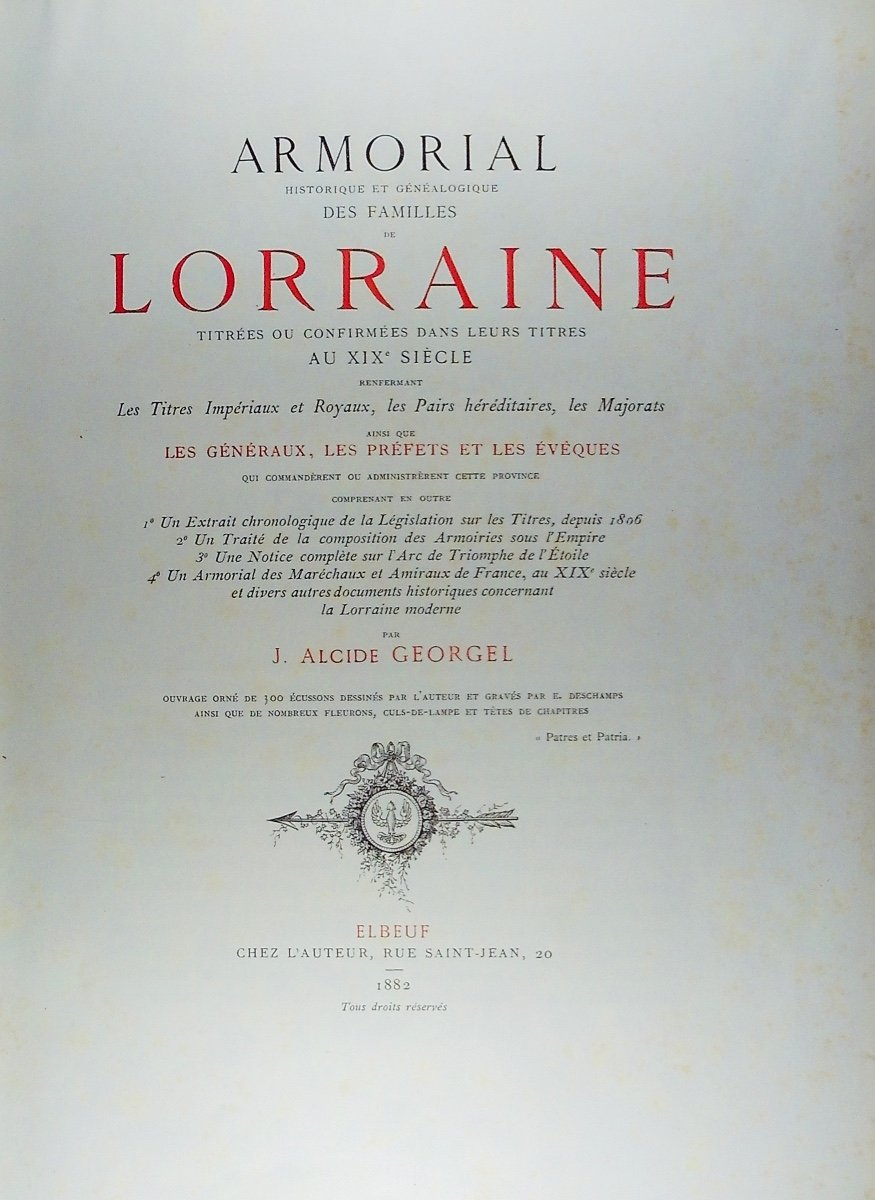 GEORGEL - Armorial historique et généalogique des familles de Lorraine. 1882, relié d'époque.