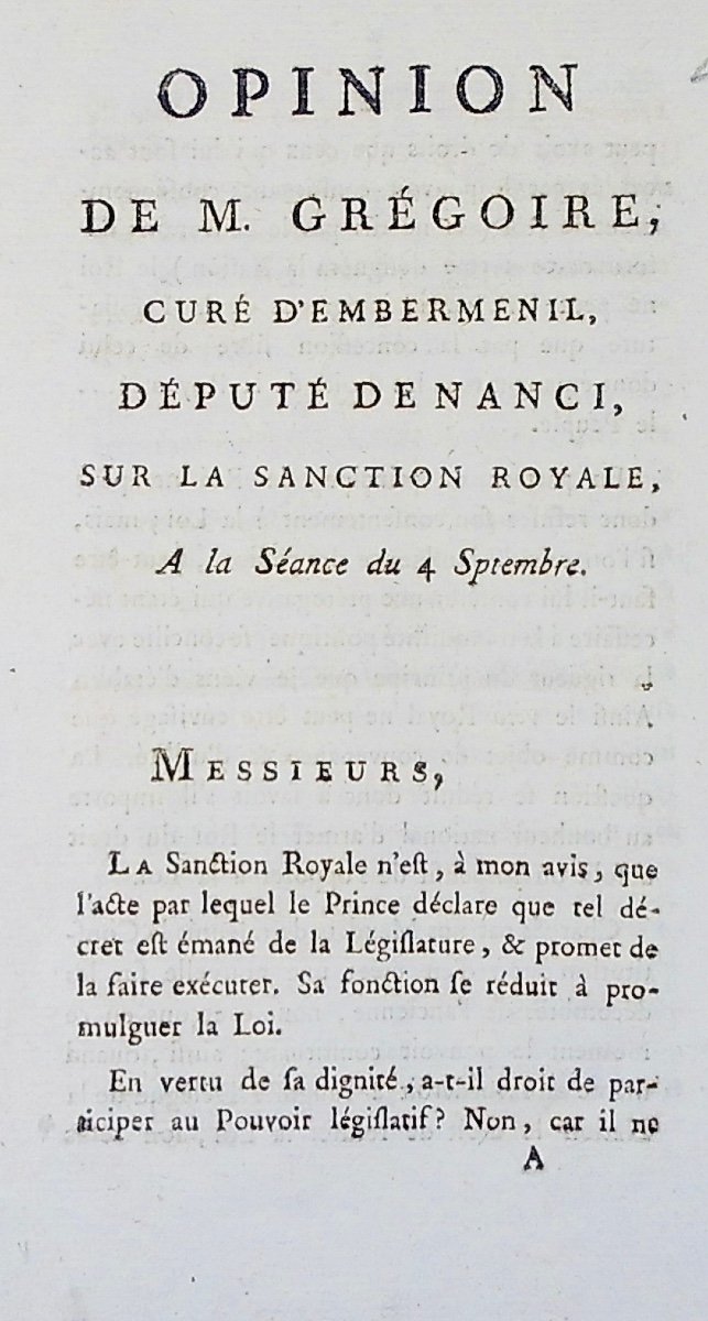 GRÉGOIRE (Henri) - Opinion de M. Grégoire curé d'Emberménil, député de Nanci. 1789, broché.