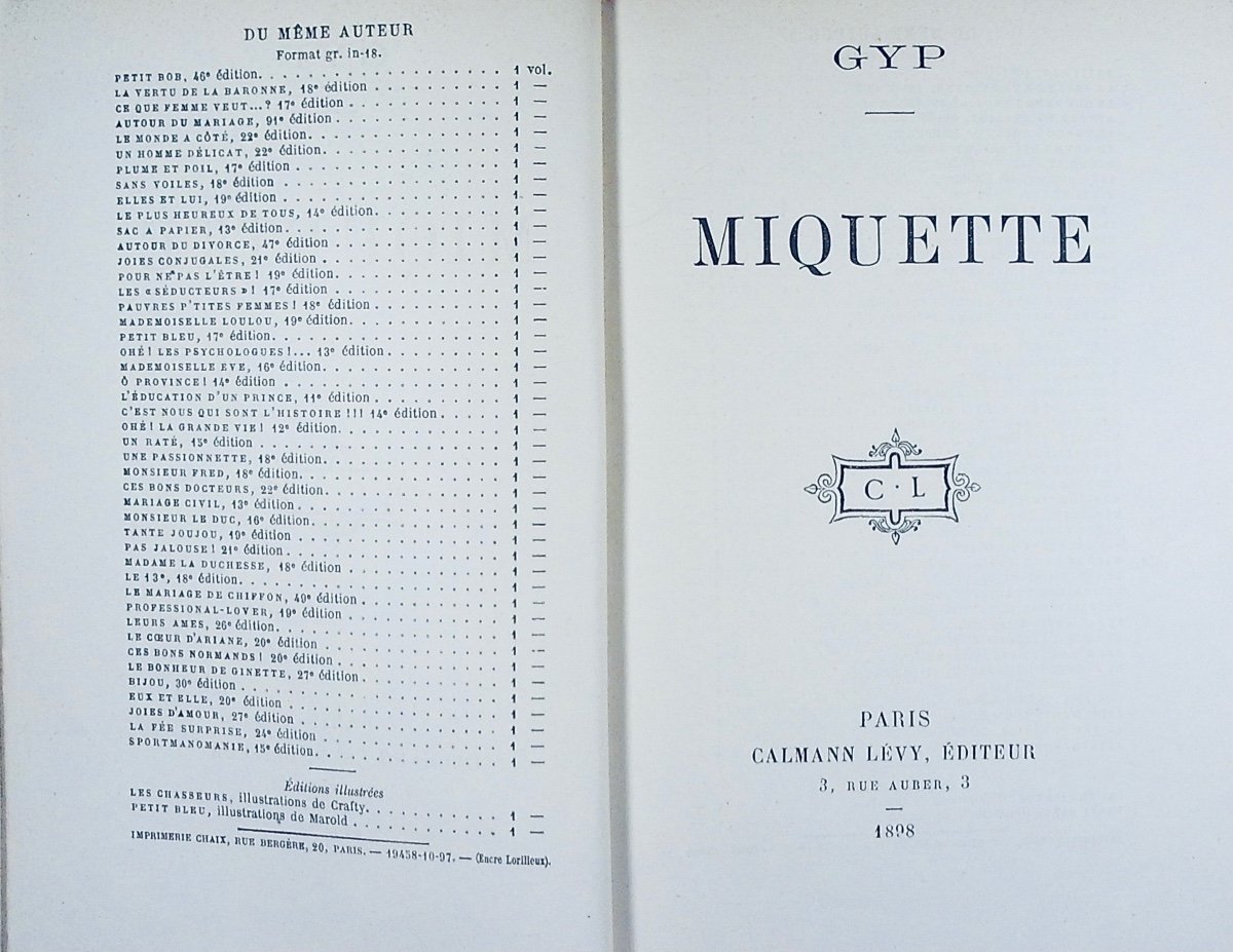 GYP - Miquette. Calmann Lévy, 1898, reliure plein maroquin violet signée Bézard, tête dorée.-photo-2