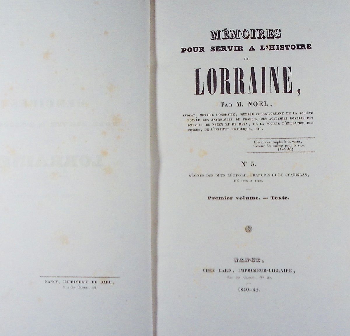 Noël - Memoirs To Serve The History Of Lorraine. Dard, 1838, Half-parchment Binding.