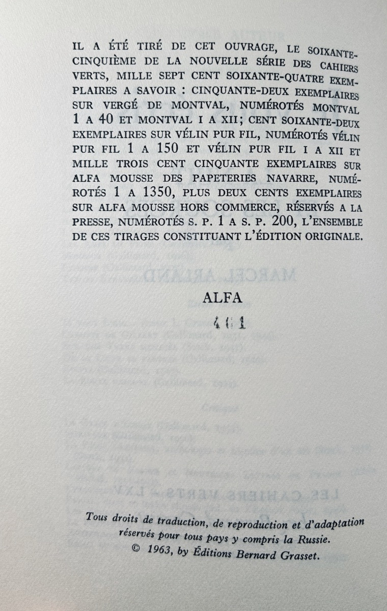 Arland (marcel) - I Am Writing To You... II The Night And The Springs. Grasset, 1963, Paperback, Ex Num.-photo-2