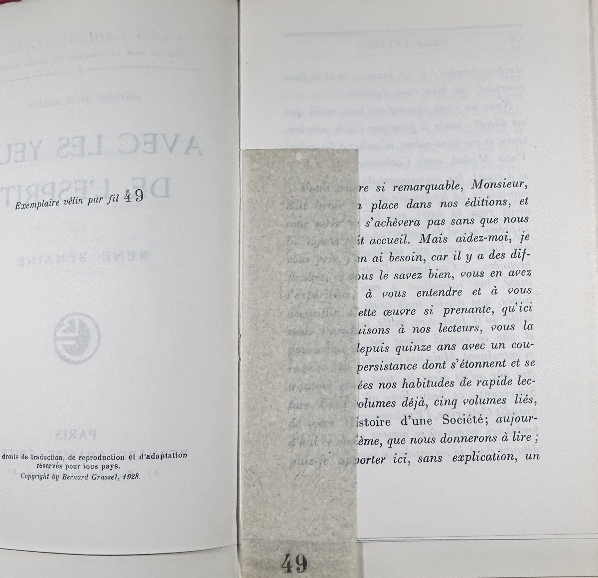 BEHAINE (René) - Avec les yeux de l'esprit. Grasset, 1928, exemplaire numéroté, broché.-photo-1