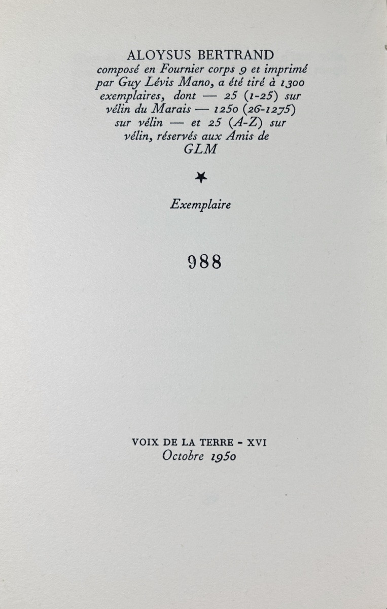 BERTRAND (Aloysius) - Gaspard de la nuit. Paris, G. L. M., 1950, exemplaire numéroté, broché.-photo-8