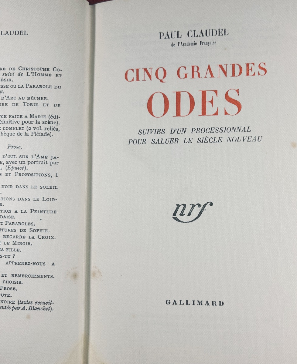CLAUDEL (Paul) - Cinq grandes odes. Gallimard, 1948, cartonnage d'après Paul Bonet.-photo-1