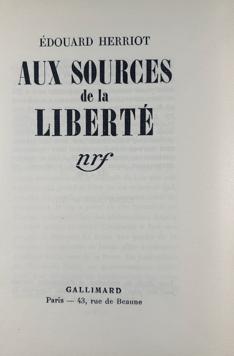 HERRIOT (Édouard) - Aux sources de la liberté. Gallimard, 1939, édition originale.-photo-2