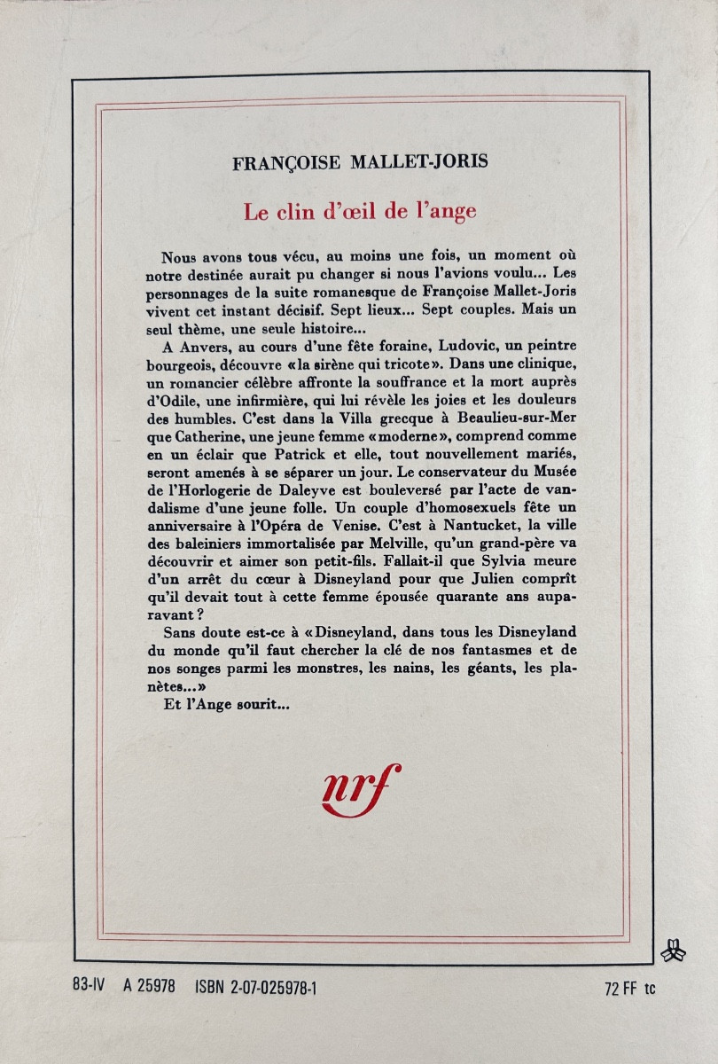 Mallet-jorris (françoise) - The Angel's Wink. Gallimard, 1983, Dedication From The Author.-photo-1