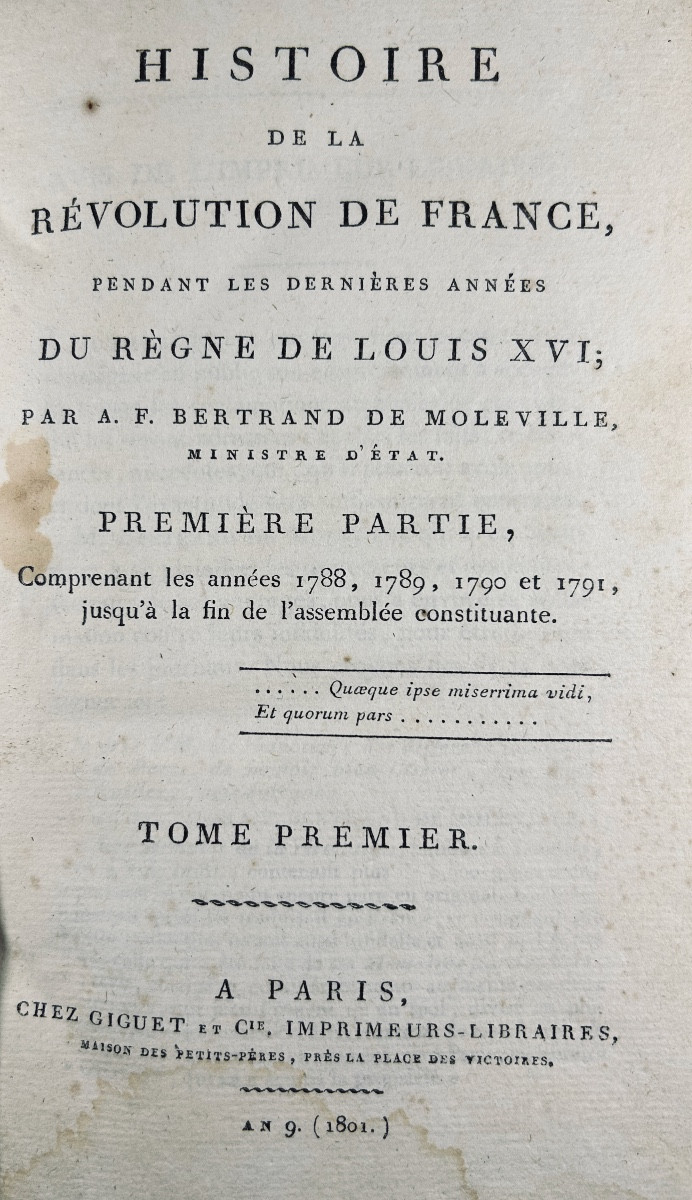 BERTRAND DE MOLLEVILLE - Histoire de la Révolution de France. Chez Giguet, 1801, reliure 19ème.-photo-2