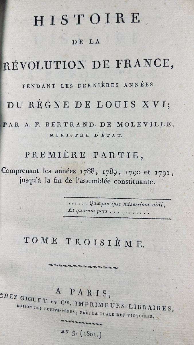 BERTRAND DE MOLLEVILLE - Histoire de la Révolution de France. Chez Giguet, 1801, reliure 19ème.-photo-5