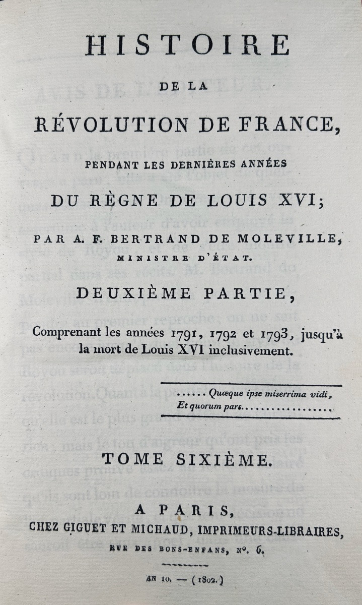BERTRAND DE MOLLEVILLE - Histoire de la Révolution de France. Chez Giguet, 1801, reliure 19ème.-photo-8