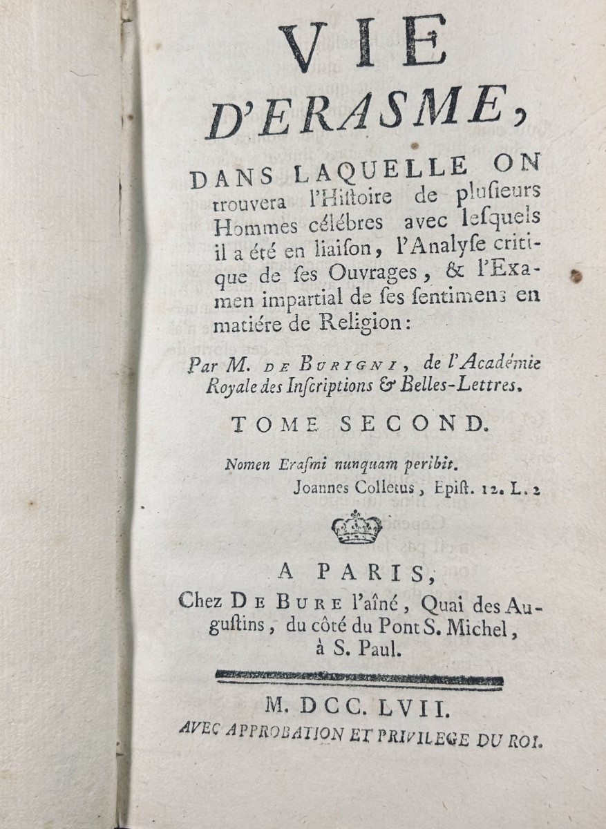 BURIGNY (Jean Levesque de) - Vie d'Érasme. Debure, 1757, 2 volumes en reliure de l'époque.-photo-5
