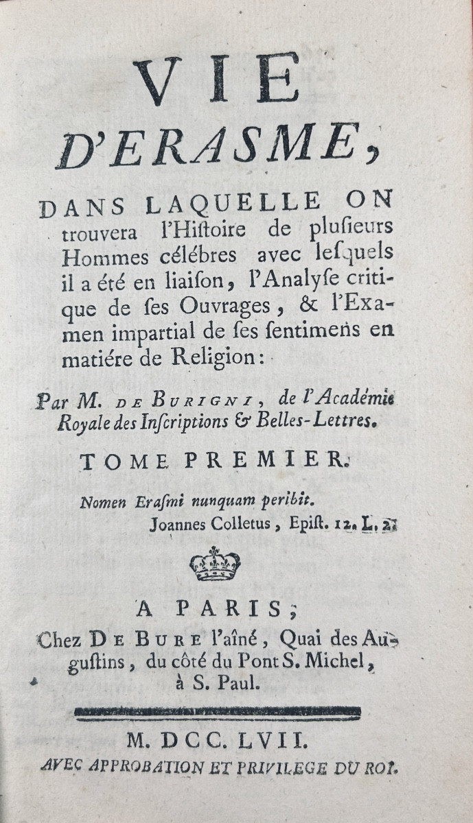 BURIGNY (Jean Levesque de) - Vie d'Érasme. Debure, 1757, 2 volumes en reliure de l'époque.