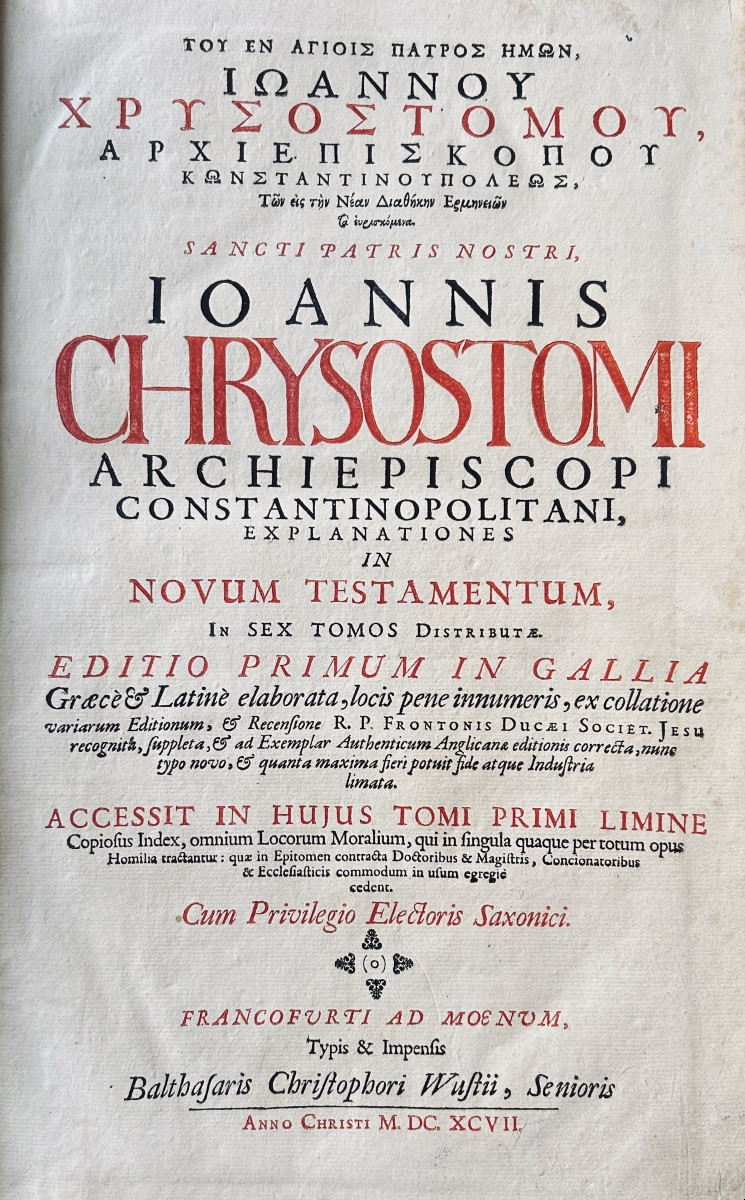 Chrysostom - Joannis Chrysostomi Archiepiscopi Constantinopolitani Opera Omnia. Mainz, 1701.-photo-2