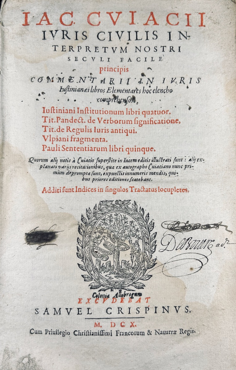 CUJAS - Juris civilis interpretum nostri seculi facile. Crespin, 1610, reliure en vélin.