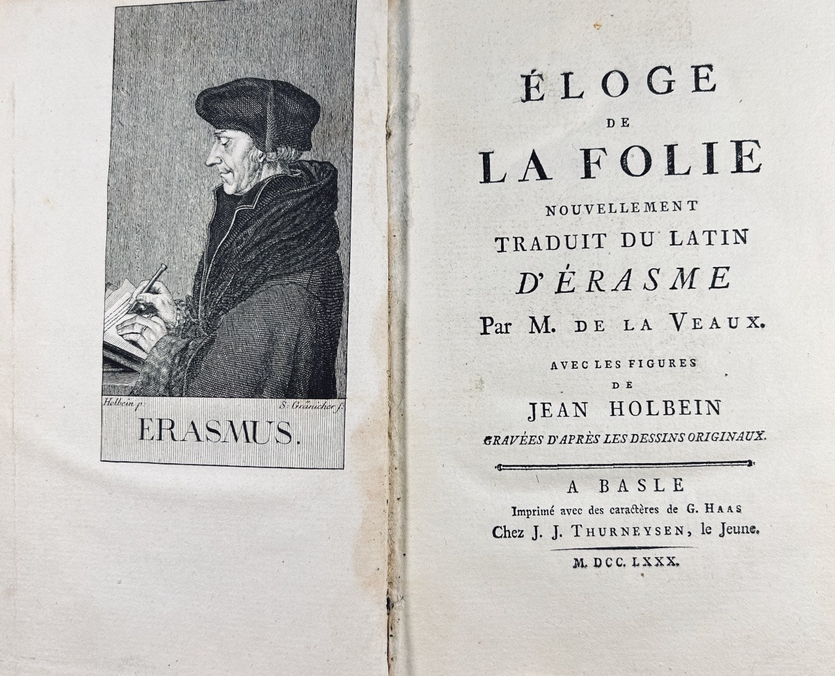ÉRASME - Eloge de la folie. Thurneysen, 1780. Gravures d'après Holbein. Reliure d'époque.-photo-3