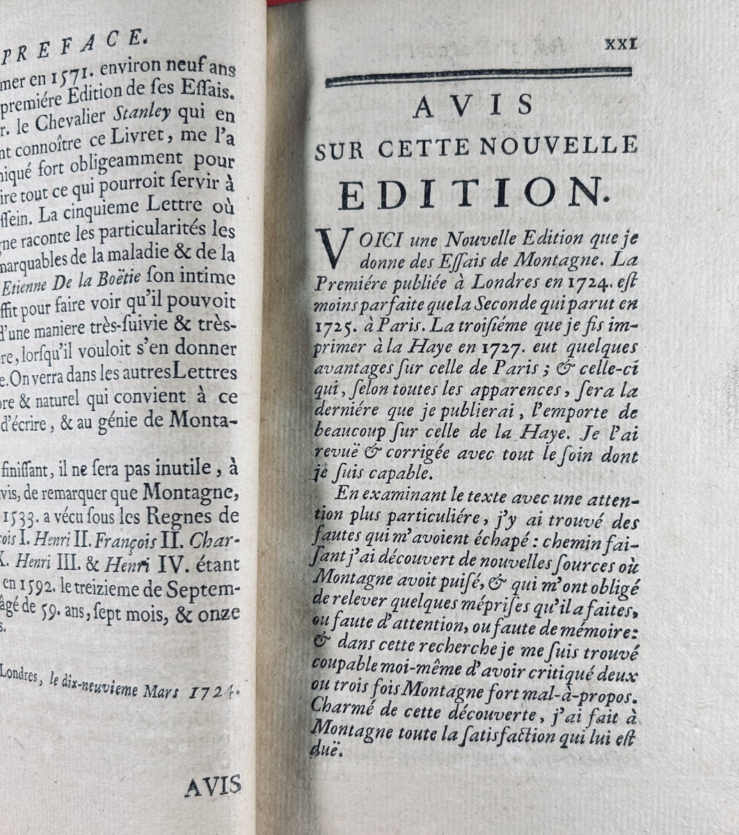MONTAIGNE - Essais de Montaigne. Chez Nourse, 1745, reliures d'époque plein veau, dos ornés.-photo-1