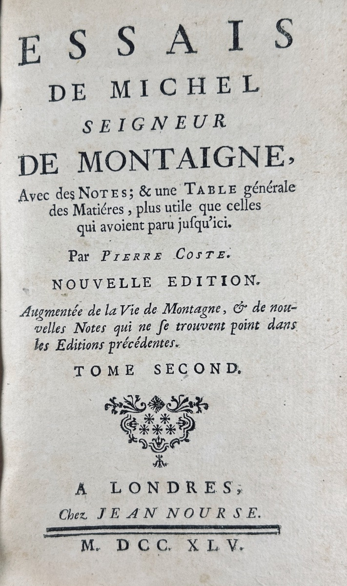 MONTAIGNE - Essais de Montaigne. Chez Nourse, 1745, reliures d'époque plein veau, dos ornés.-photo-5