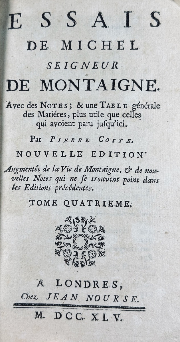 MONTAIGNE - Essais de Montaigne. Chez Nourse, 1745, reliures d'époque plein veau, dos ornés.-photo-7