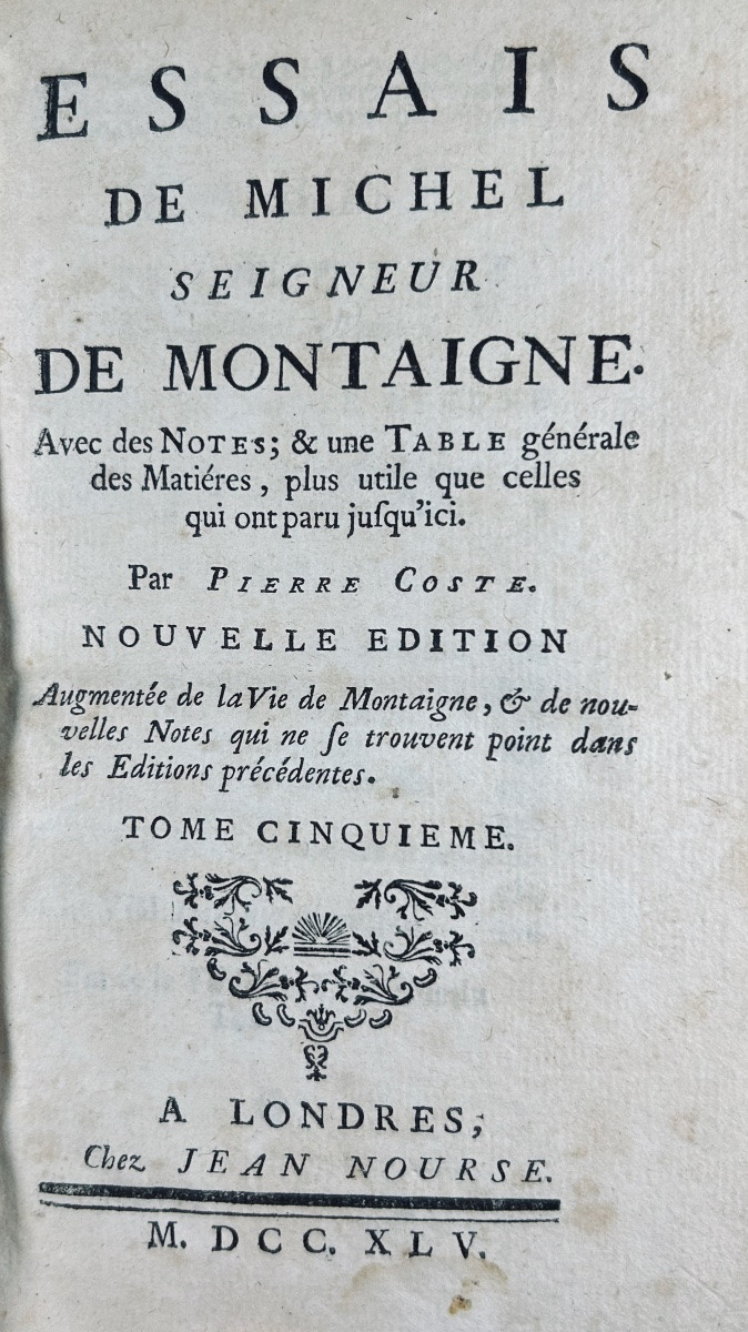 MONTAIGNE - Essais de Montaigne. Chez Nourse, 1745, reliures d'époque plein veau, dos ornés.-photo-8