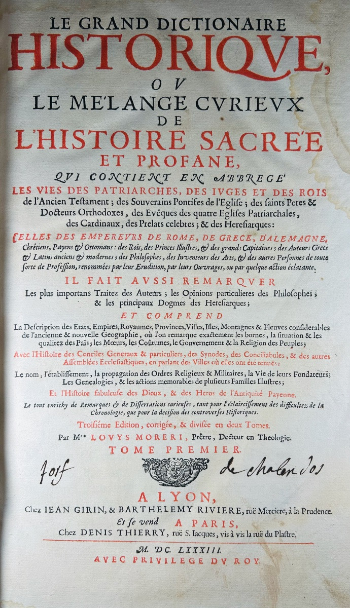 Moreri (louis) - The Great Historical Dictionary. Lyon, Chez Girin & Rivière, 1683, 2 Volumes.-photo-3
