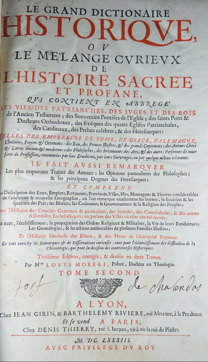 Moreri (louis) - The Great Historical Dictionary. Lyon, Chez Girin & Rivière, 1683, 2 Volumes.-photo-6