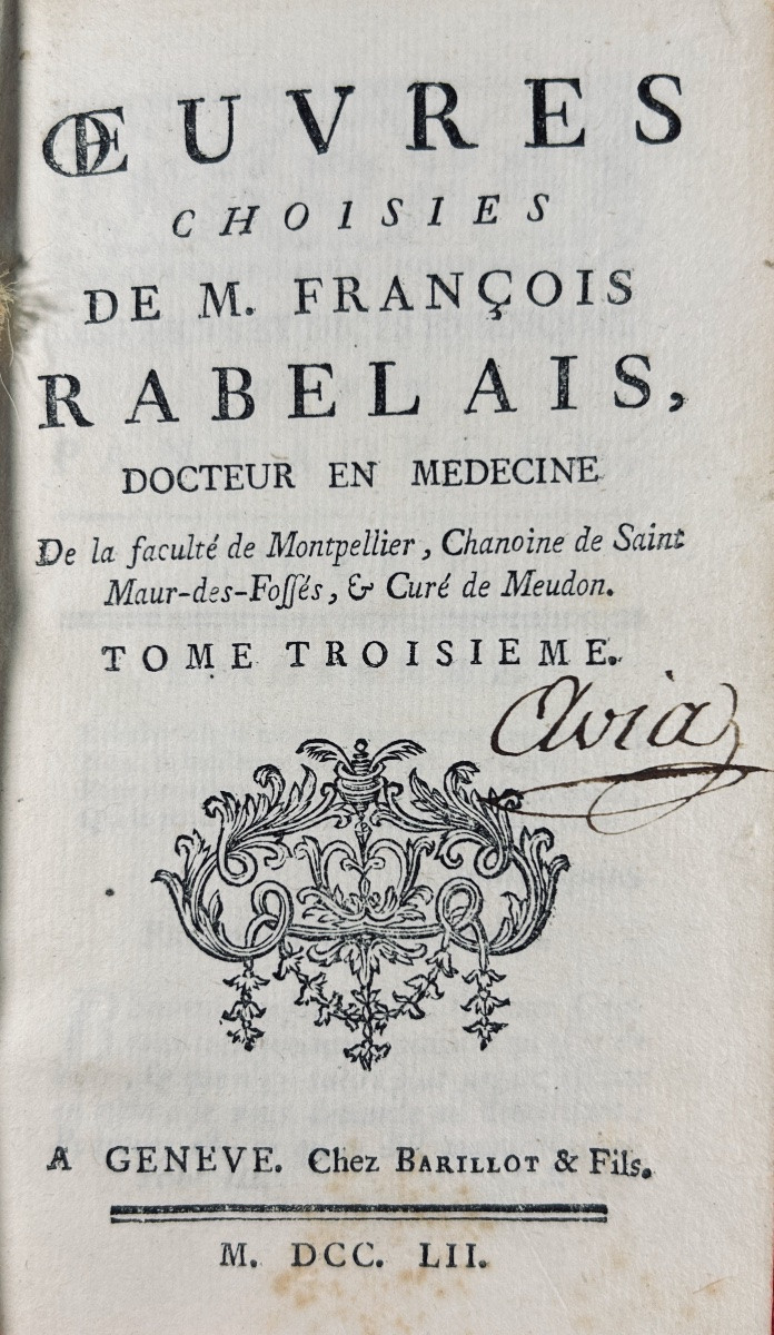 RABELAIS (François) - Oeuvres choisies de M. François Rabelais. Genève, Barillot & Fils, 1752.-photo-4