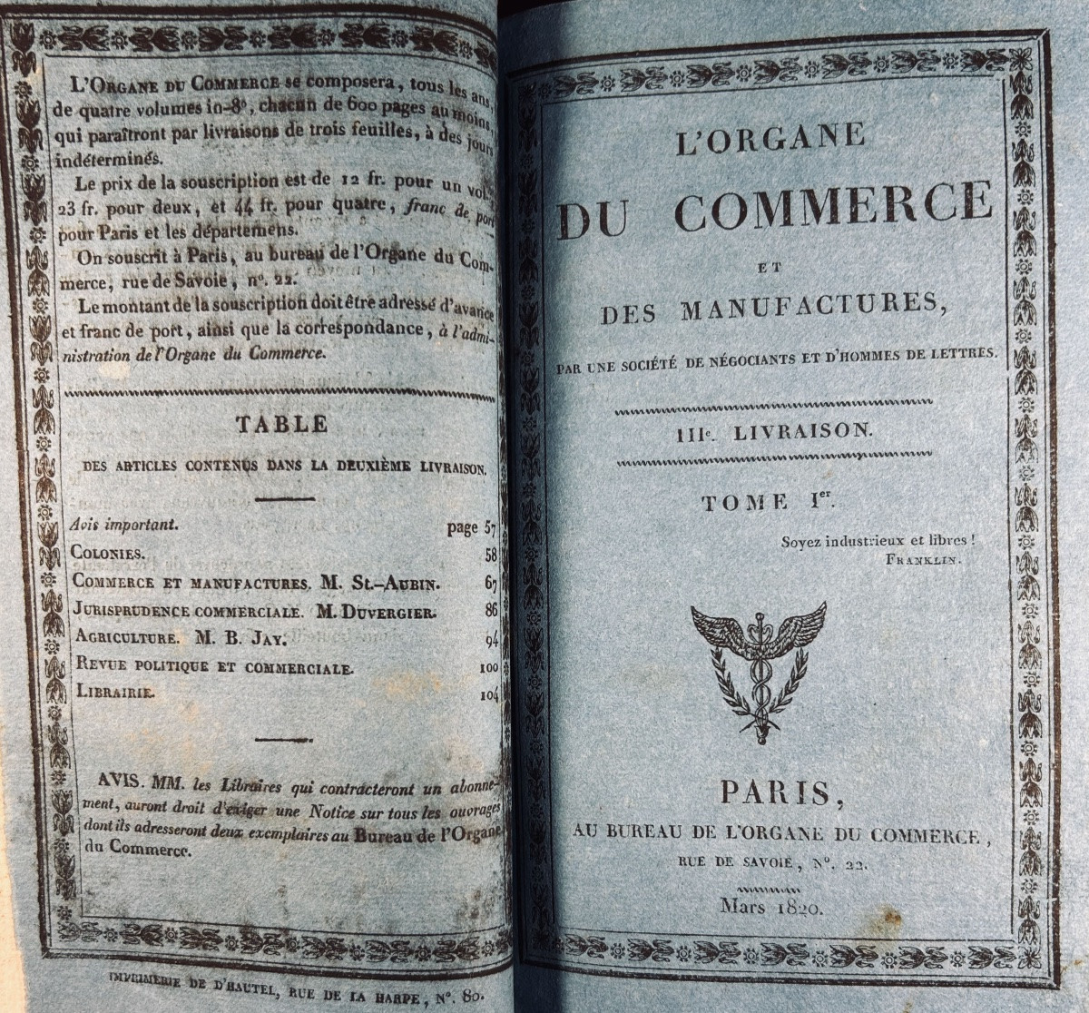 [COMMERCE] - L'organe du commerce et des manufactures. Organe et du Commerce, 1820, relié.-photo-1