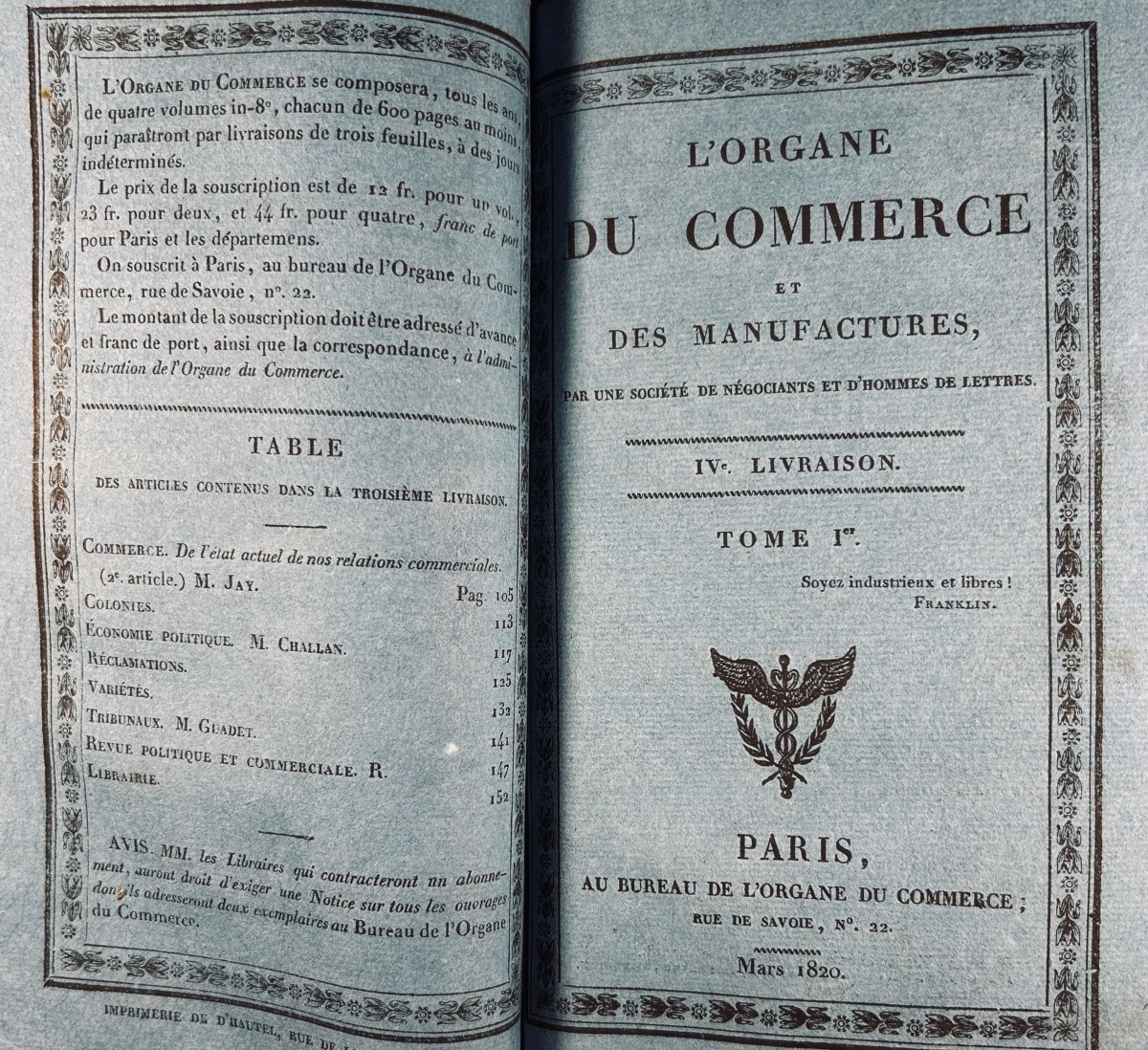 [COMMERCE] - L'organe du commerce et des manufactures. Organe et du Commerce, 1820, relié.-photo-2