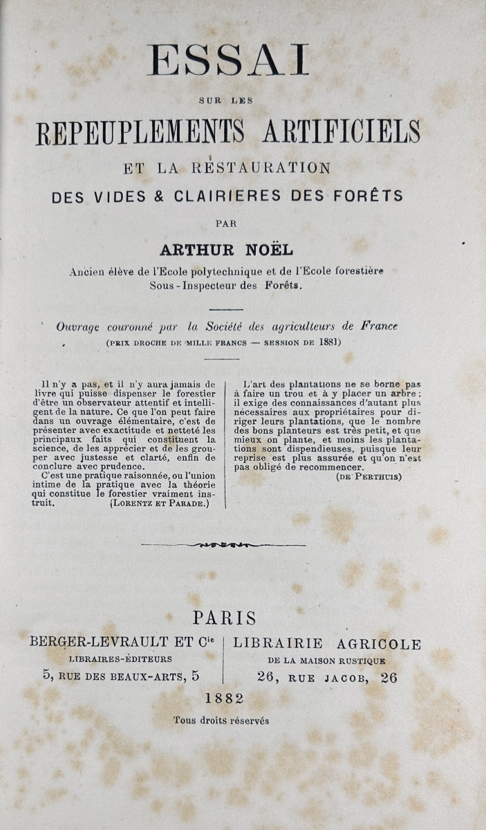 [agriculture] - Christmas - Essay On Artificial Repopulation. 1882, Period Binding.