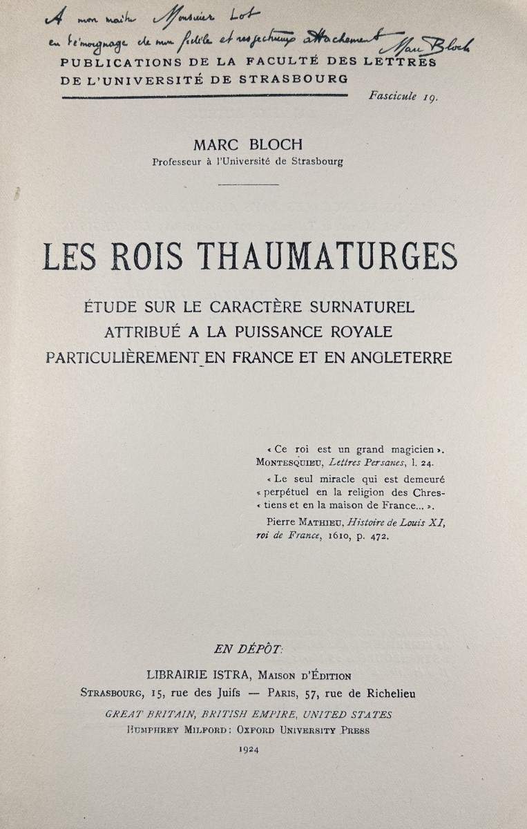 BLOCH (Marc) - Les rois thaumaturges. Strasbourg, Librairie Istra, 1924, broché à faire relier.-photo-2