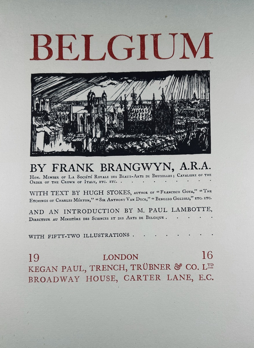 BRANGWYN - Belgium. Trench, Trübner & Co, Broadway House, Carter 1916, reliure avec jaquette.-photo-3
