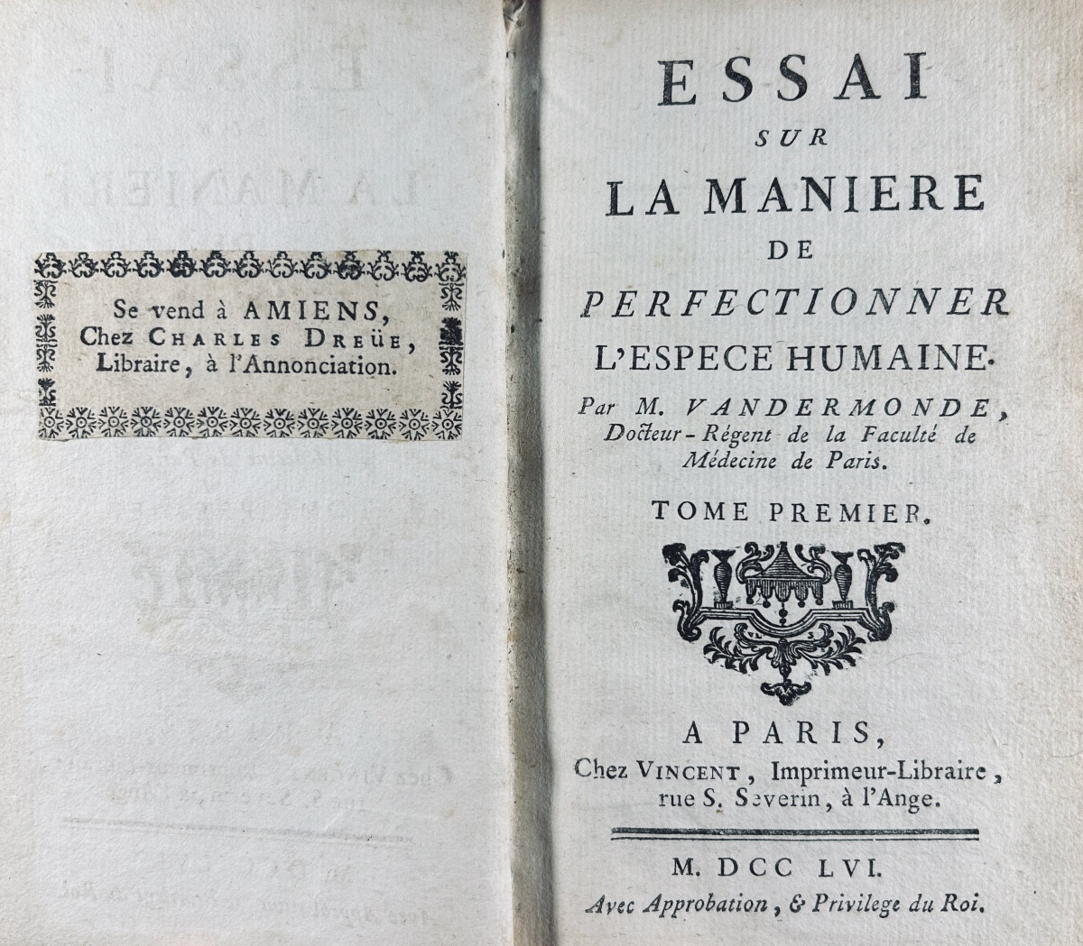 [VANDERMONDE (Charles-Augustin)] - Essai sur la manière de perfectionner l'espèce humaine. 1756