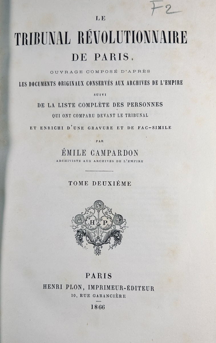 CAMPARDON (Émile) - Le tribunal révolutionnaire de Paris. Plon, 1866. Reliures demi-veau beige.-photo-2
