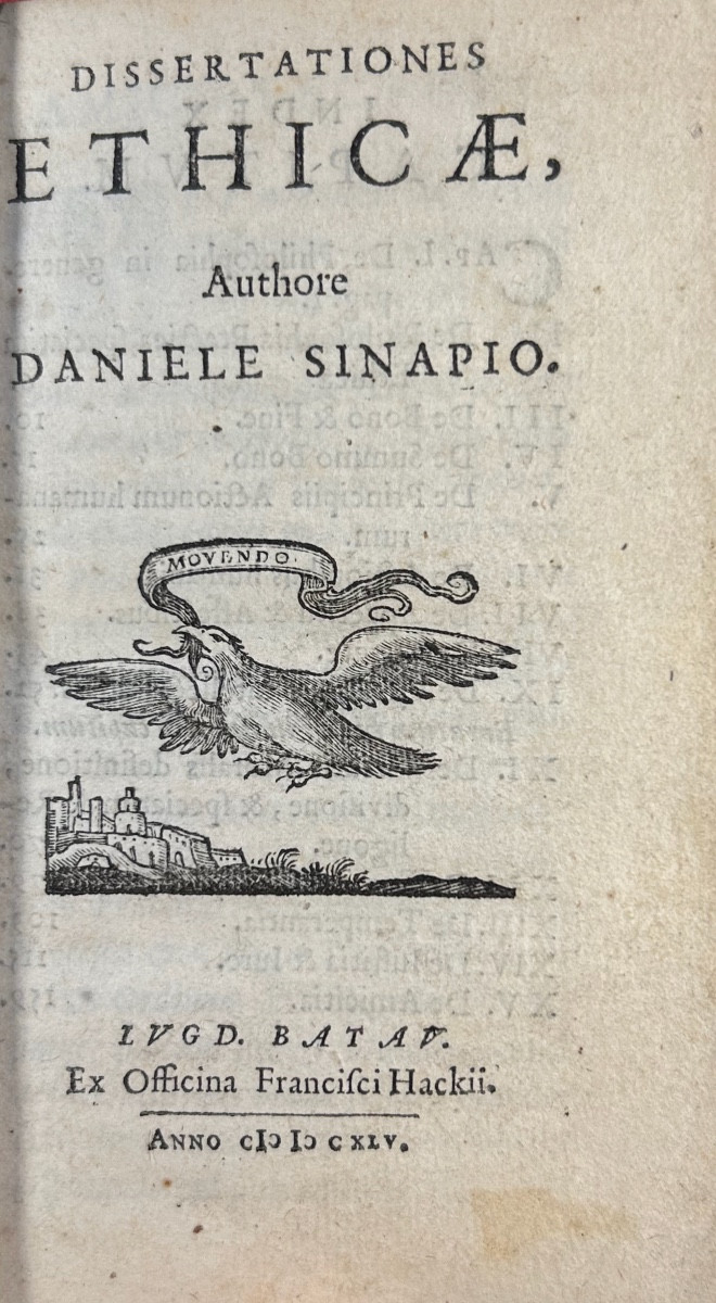SINAPIO (Daniele) - Dissertationes ethicae. Chez Francis Hack, 1645, reliure du 19ème siècle.
