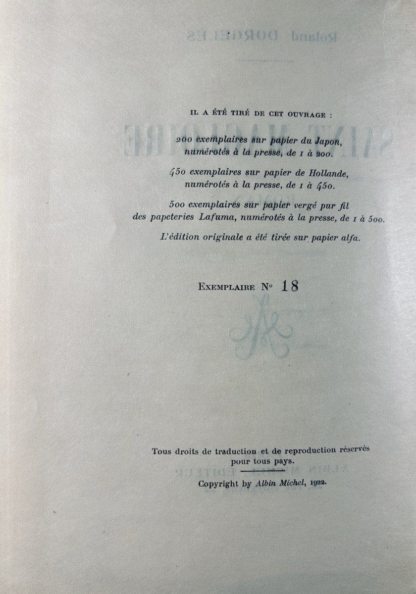 Dorgelès (roland) - Saint Magloire. Albin Michel, 1922, Copy On Japon Paper With Slipcase.-photo-1