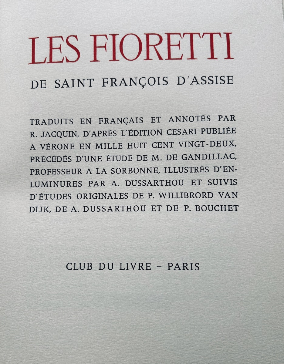 [DUSSARTHOU] - D'ASSISE (Saint-François) - Les Fioretti. 1965, reliure d'éditeur.-photo-3