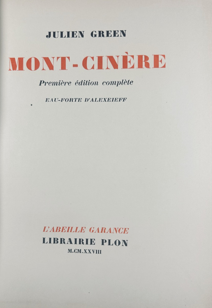 GREEN (Julien) - Mont-Cinère, première édition complète. Plon, 1928, reliure demi-veau rouge.-photo-4