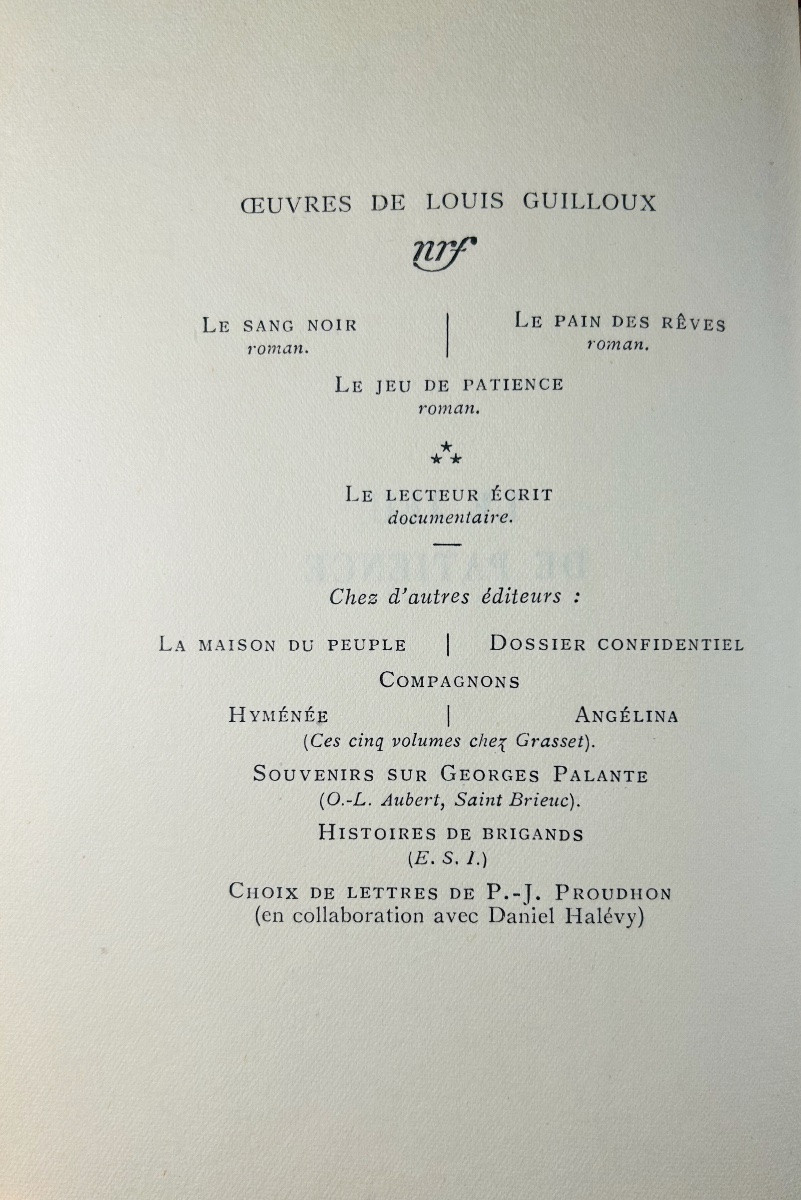 GUILLOUX (Louis) - Le Jeu de patience. Gallimard, 1949, cartonnage de Mario Prassinos.-photo-2