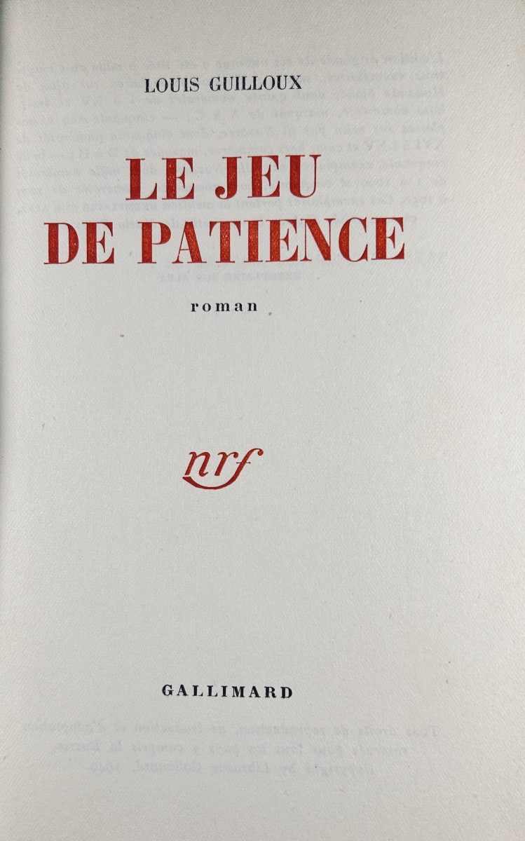 GUILLOUX (Louis) - Le Jeu de patience. Gallimard, 1949, cartonnage de Mario Prassinos.-photo-3