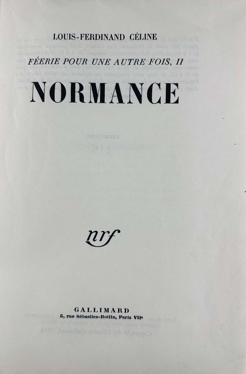 Céline (louis-ferdinand) - Féérie Pour Une Autre Fois, Ii. Normance. 1954, First Edition.-photo-2