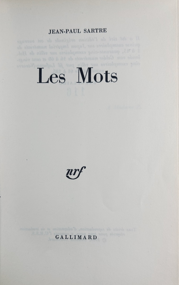SARTRE (Jean-Paul) - Les mots. Paris, Gallimard, 1964, édition originale numérotée, bel état.-photo-2
